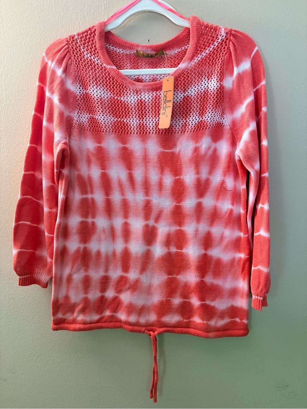 Belldini bright Coral and White Tie-Dye Knit Pullover